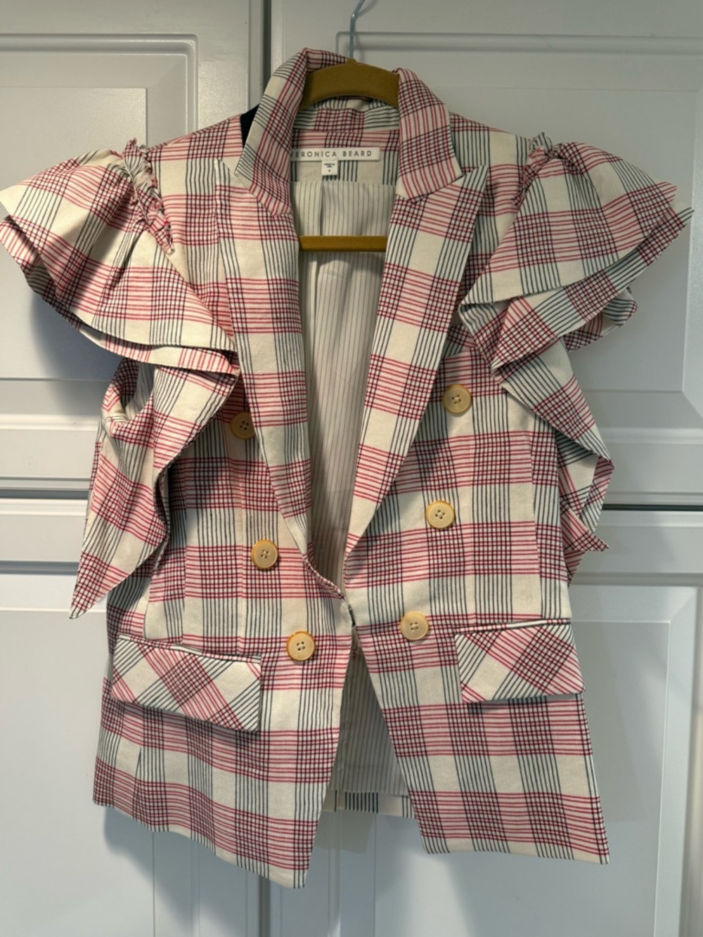 Veronica Beard Plaid Ruffle Sleeve Blazer vest